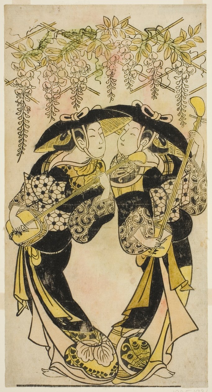A színészek Sanjo Kantaro (jobbra) és Fujimura Handayu (balra), mint zenészek játszanak a golgotavirágok alatt alkotó: Unknown artist