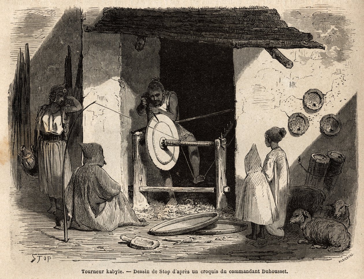 A kézműves esztergályos Kabyle műhelyében egy hatalmas falakást készít, amelyet minden háztartási és mezőgazdasági célra használnak Kabiliában (Algéria). Metszet a nagy Kabilie-be, a Földközi-tenger és a Djurjura között 186-ban tett kirándulás illusztrálás alkotó: Unknown artist