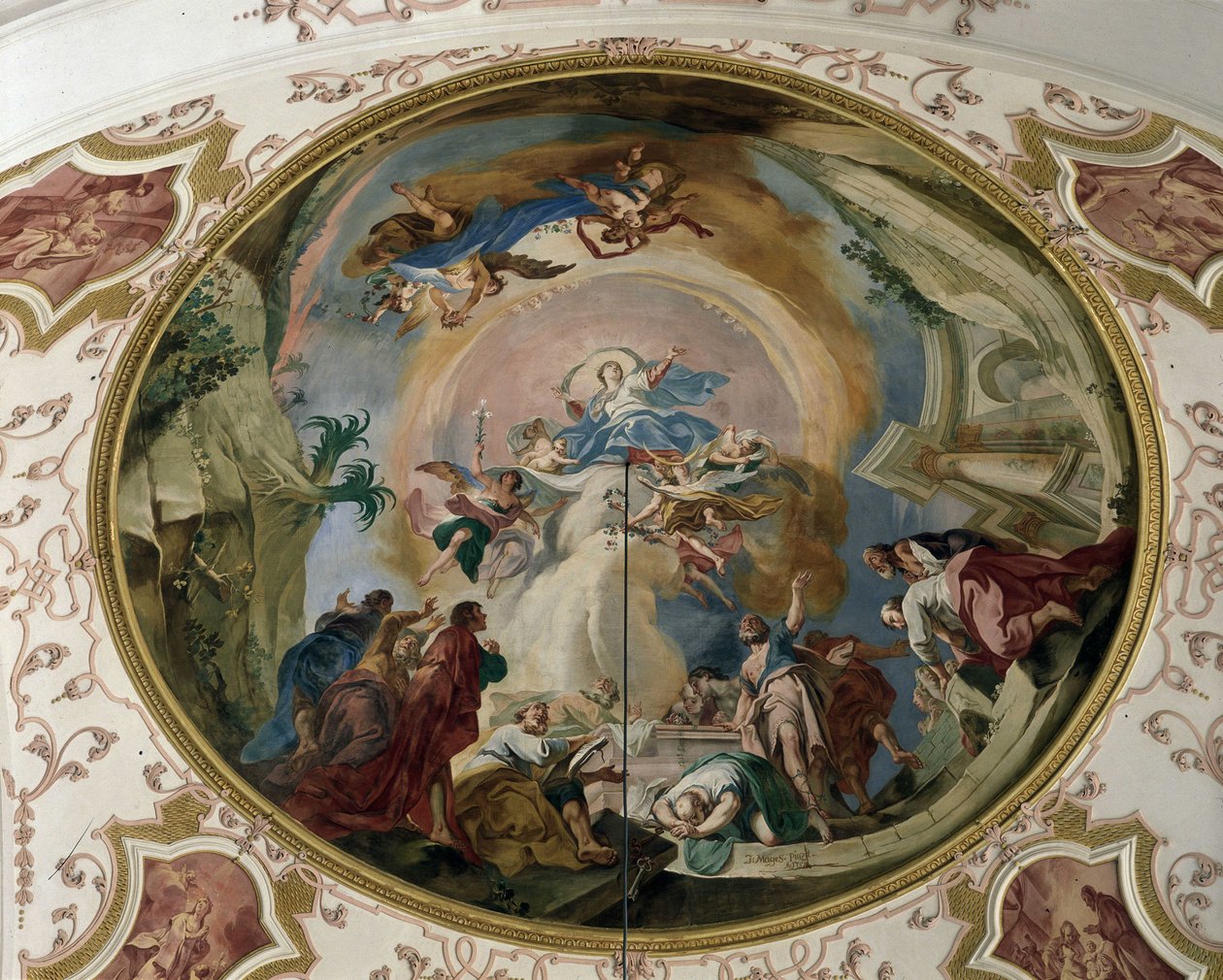 A Szűz mennybemenetele. A boltozat freskója, Ebersmunsteri apátsági templom, Elzász. alkotó: Unknown artist