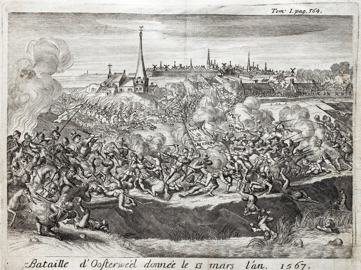 Az osterweeli csata (Hollandia, Hollandia), 1567. március 13-án, a nyolcvan (nyolcvan) éves háború (1567-1648) első összecsapása. Metszet a „Flandriai háború története” illusztrálására, Flamianus Strada, Joseph T