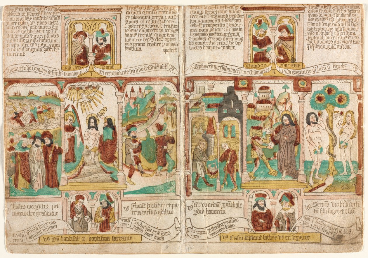 A szegények bibliája (Biblia Pauperum), A fáraó hadserege a Vörös-tengerbe fulladt; Krisztus keresztsége; és Mózes kémei, akik szőlővel visszatérnek Kánaánból Ézsau eladja Jákóbnak az elsőszülöttségét; Krisztus megkísértése; és Ádám és Éva megkísértése alkotó: Unknown artist