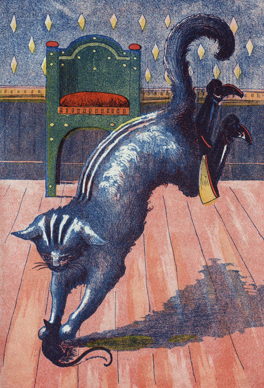A Macska rádobja az ogre változásait egérré. Illusztráció: Charles Perrault (1628-1703) francia író „Le chat Botte” című meséje. Névtelen illusztráció. Képek Marcel Vagne, Jarville Nancy, dátum nélküli (19. század vége). alkotó: Unknown artist