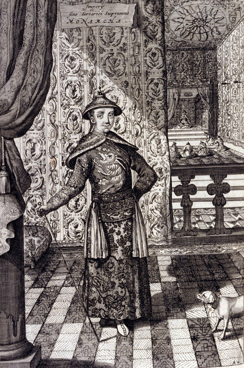 A kínai császár és a tatárok legfelsőbb uralkodója – Kangxi kínai császár (1652-1722) Qing-dinasztia, Athanasius Kircher (1601-1680) metszete a „” China Monumentis, qua sacris qua profanis””” 1667-ben – (165 K2angxi kínai császár) -1722) Qing-dinasztia, alkotó: Unknown artist