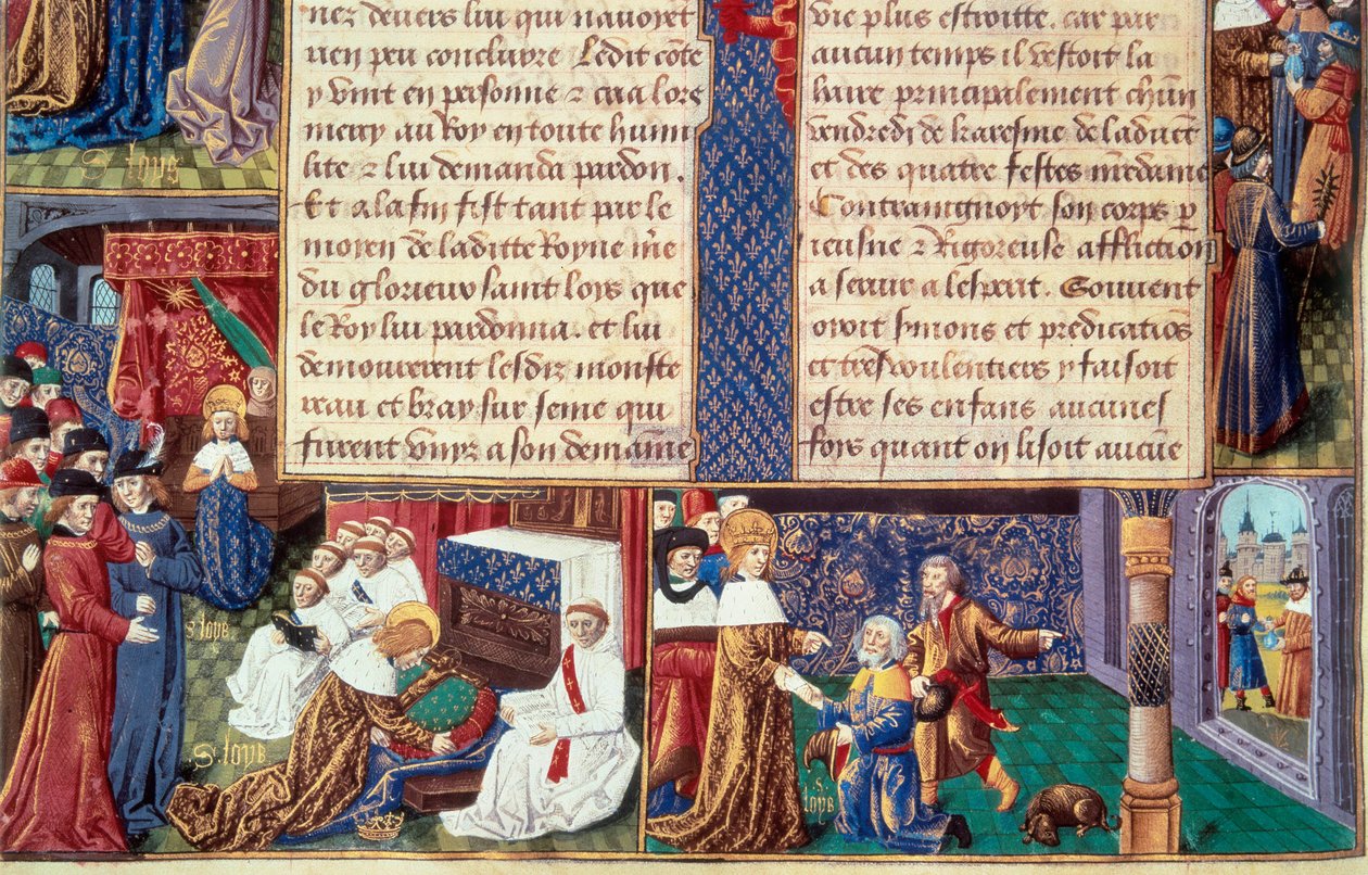IX. Lajos király (1214-1270) (Szent Lajos) keresztény erényei (például jámborság és áhítat): balról a király átöleli a feszületet, jobbról az Öreghegyet fogadja. Miniatűr kéziratból „A tények könyve Monsignor Saint Louis” 15t alkotó: Unknown artist