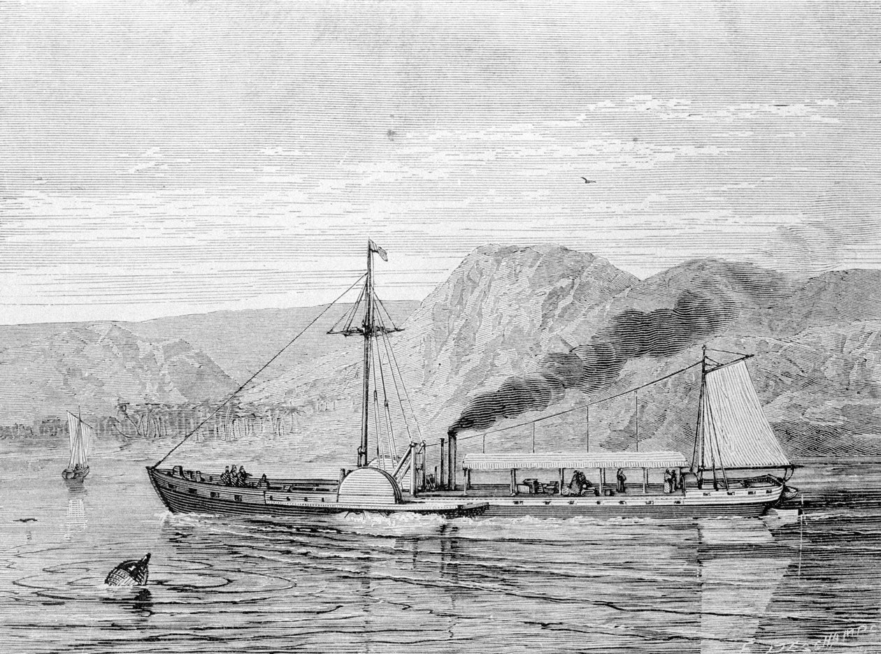 A Clermont, egy csónak, amelyet 1807-ben Robert Fulton (1765-1815) épített, hogy biztosítsa a New York-Albany összeköttetést a Hudson folyón. Metszet 19. század. alkotó: Unknown artist