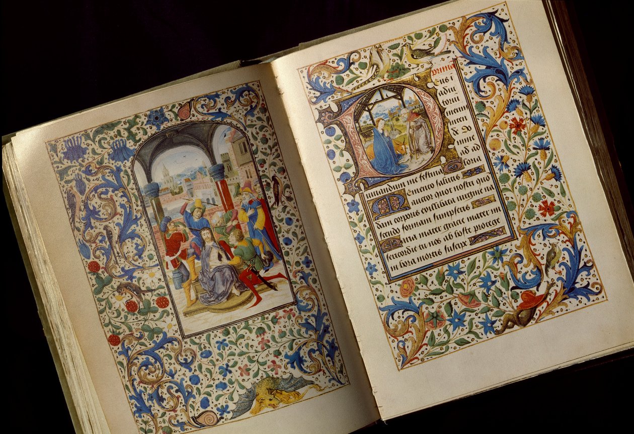 A tüskék megkoronázása A „Burgundiai Mária (1457-1482) Órakönyve” (Cod. 1857) nyitott kéziratának dupla oldala, 15. század vége Osterreichische Nationalbibliothek Vienna alkotó: Unknown artist