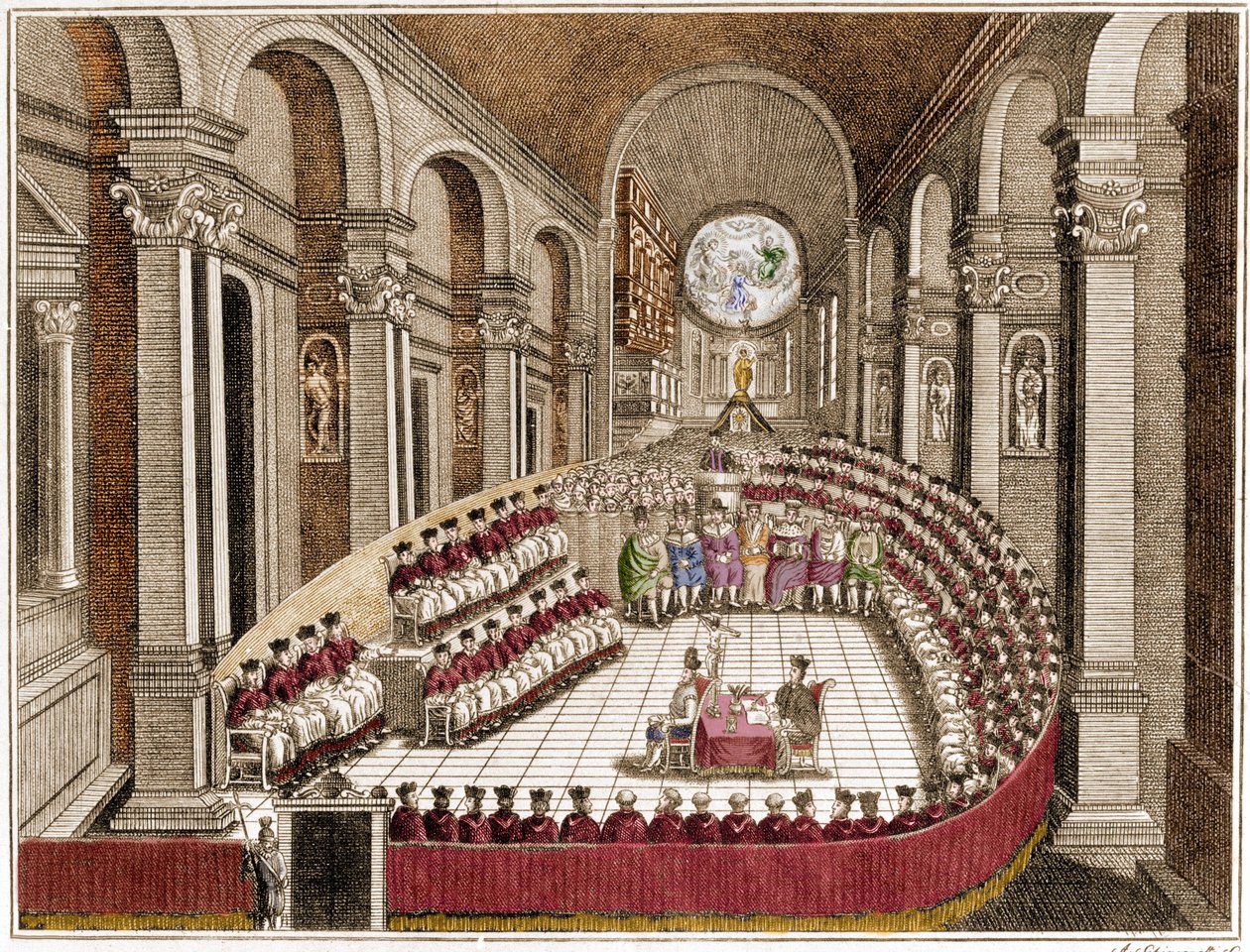 Tridenti Ökumenikus Zsinat. A tridenti zsinat a római katolikus egyház által elismert 19. Kumenikus Zsinat. 1542-ben III. Pál pápa hívta magához Luther Mártonnak a protestáns reform keretében tett kérésére. En alkotó: Unknown artist