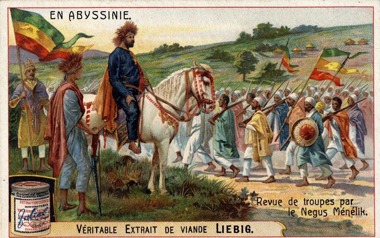 Abesszínia császára, a „négus” Menelik II (1844-1913) áttekinti csapatait. századi kromolitográfiája. alkotó: Unknown artist