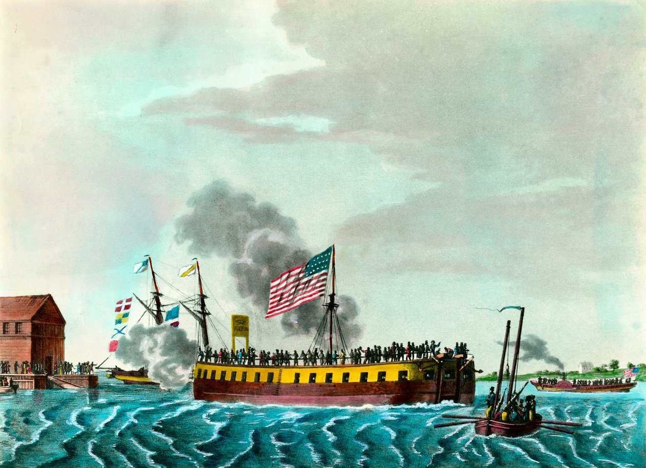 A Fulton Steam Fregate „Manőverezés a New York-i kikötőben az Egyesült Államokban” metszet 1807 körüli magángyűjtemény alkotó: Unknown artist