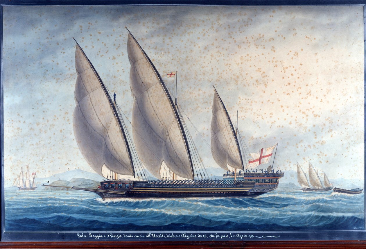A genovai gályák, a Raggia és a San Giorgio üldözik az algériai chebec Uccellot. 1788. augusztus 11. Festék alkotó: Unknown artist