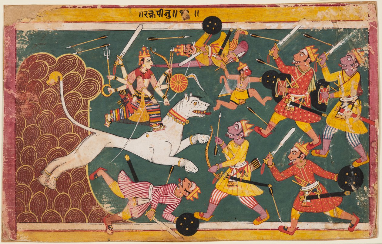 Az istennő megsemmisíti a Raktabija démont, egy Devi-Mahatmyából alkotó: Unknown artist
