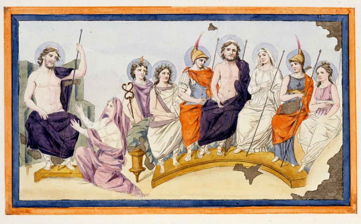 Az Olümposz istenei és a bal oldalon Thetis, Akhilleusz anyja térdre áll Zeusz (Jupiter) ellen, hogy könyörögjön neki, segítse fiát Agamemnon ellen és támogassa a trójaiakat. L