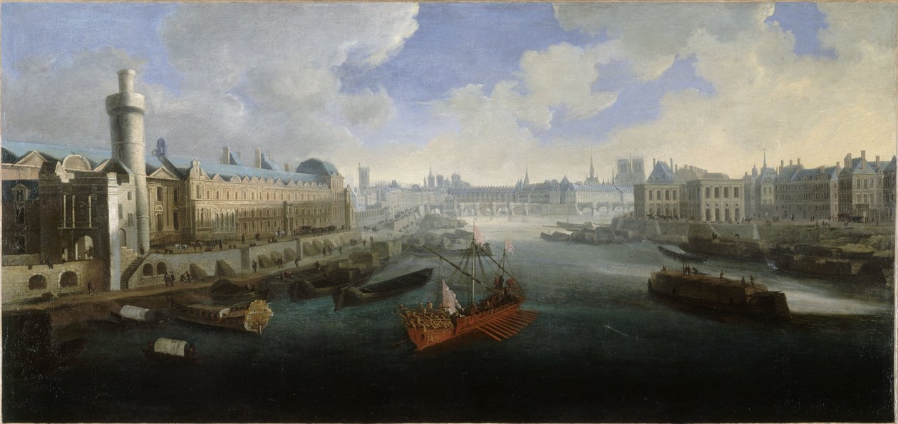 A Louvre Grande Galerie-ja, a Porte Neuve, a Pont-Neuf, a Cité, az épülő Collège des Quatres-Nations és a Quai Malaquais, 1665 körül. A Szajnán a királyi gálya, 1660 és 1670 között (olaj, vászon) alkotó: Unknown artist
