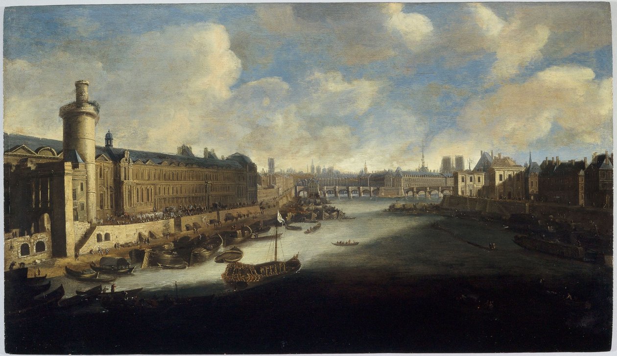 A Louvre Grande Galerie-ja, a Porte Neuve, a Pont-Neuf, a Cité, az épülő Collège des Quatres-Nations és a Quai Malaquais, 1665 körül. A Szajnán a királyi gálya, 1660 és 1670 között (olaj, fa) alkotó: Unknown artist