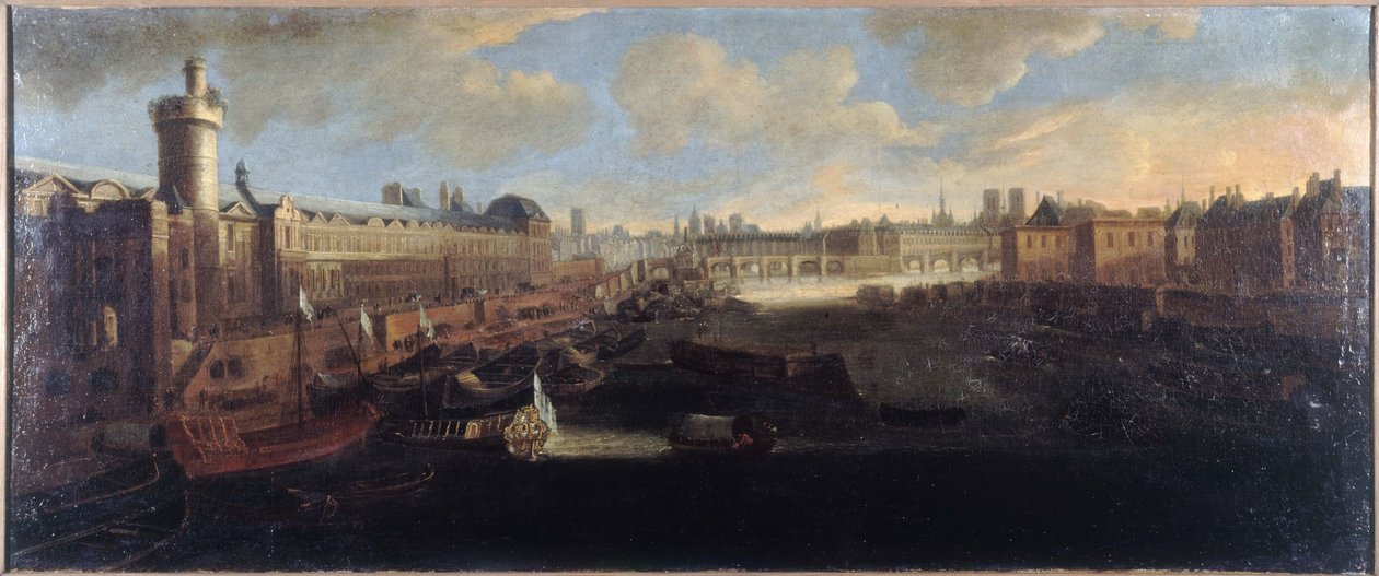 A Louvre Grande Galerie-ja a Porte Neuve-vel, a Pont-Neuf, a Cité, az épülő Collège des Quatres-Nations és a Quai Malaquais, 1665 körül, a Szajnán a királyi gálya, a mai 1. és 6. kerület, 1660 és 1660 között. alkotó: Unknown artist