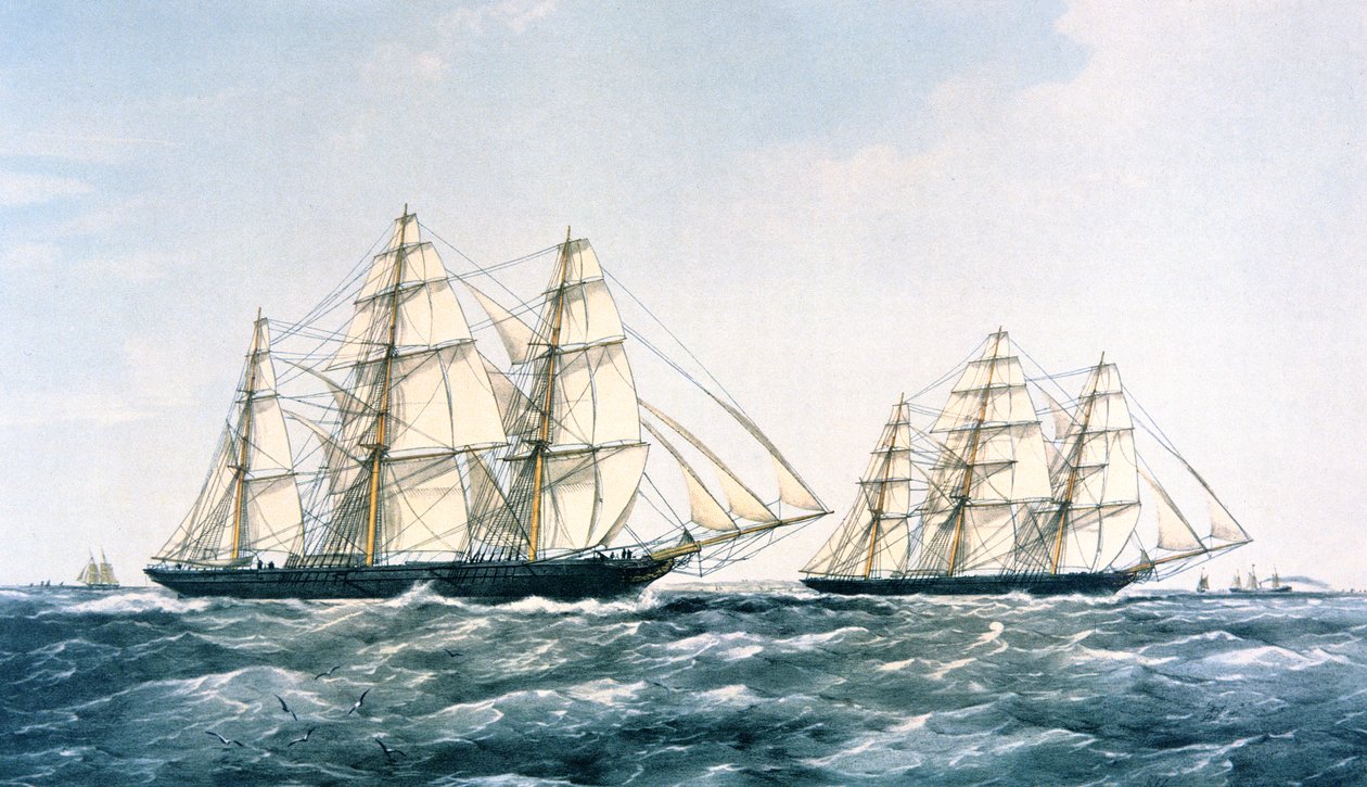 Az 1866-os Great Clipper Ship Race az „Ariel” és a „Taeping” között, amely Kínából Londonba hozta az új teatermést (színes litho) alkotó: Unknown artist