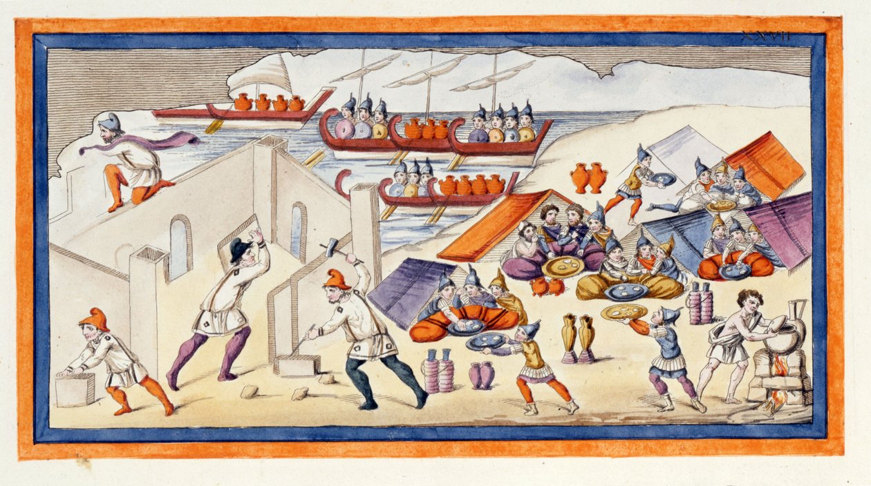 A görögök bástyát kezdtek ásni, hogy megvédjék laktanyáikat és hajóikat. Az Iliász. dal VII. Metszet a 18. század végéről. alkotó: Unknown artist
