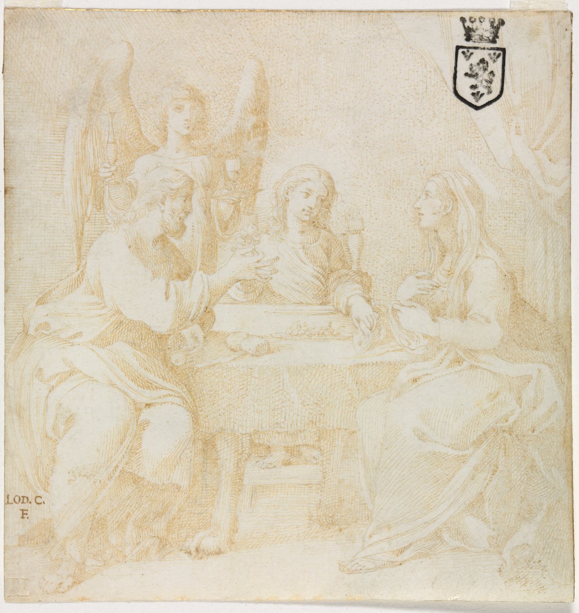A szent család egy angyal által felszolgált asztalnál alkotó: Unknown artist