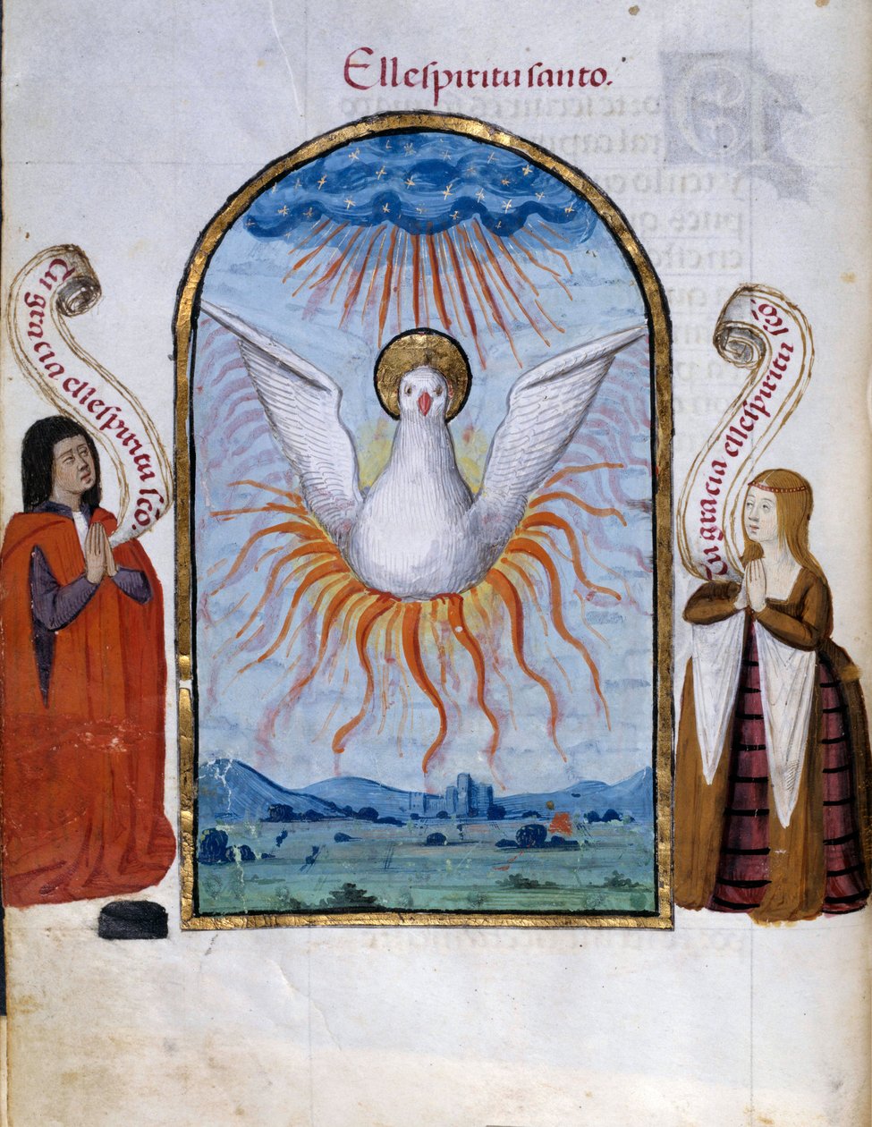 A Szentlélek-kézirat oldala Pedro Marcuello „” Joan the Folle (1479-1555) spanyol királynő áhítatának gyűjteményéből” (“Da Juana királynő áhítata, akit őrült nőnek neveztek”), 15. századi V. ... 0,21x0,14 m Chantilly, Múzeum Áll alkotó: Unknown artist