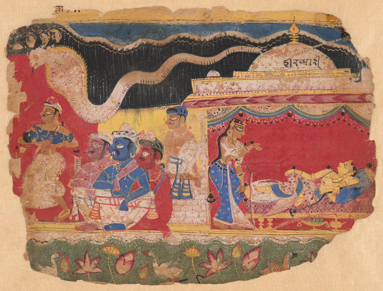 A Vaszudév által elszállított Krisna csecsemő, a szétszórt Bhagavat Purána egy példányából alkotó: Unknown artist