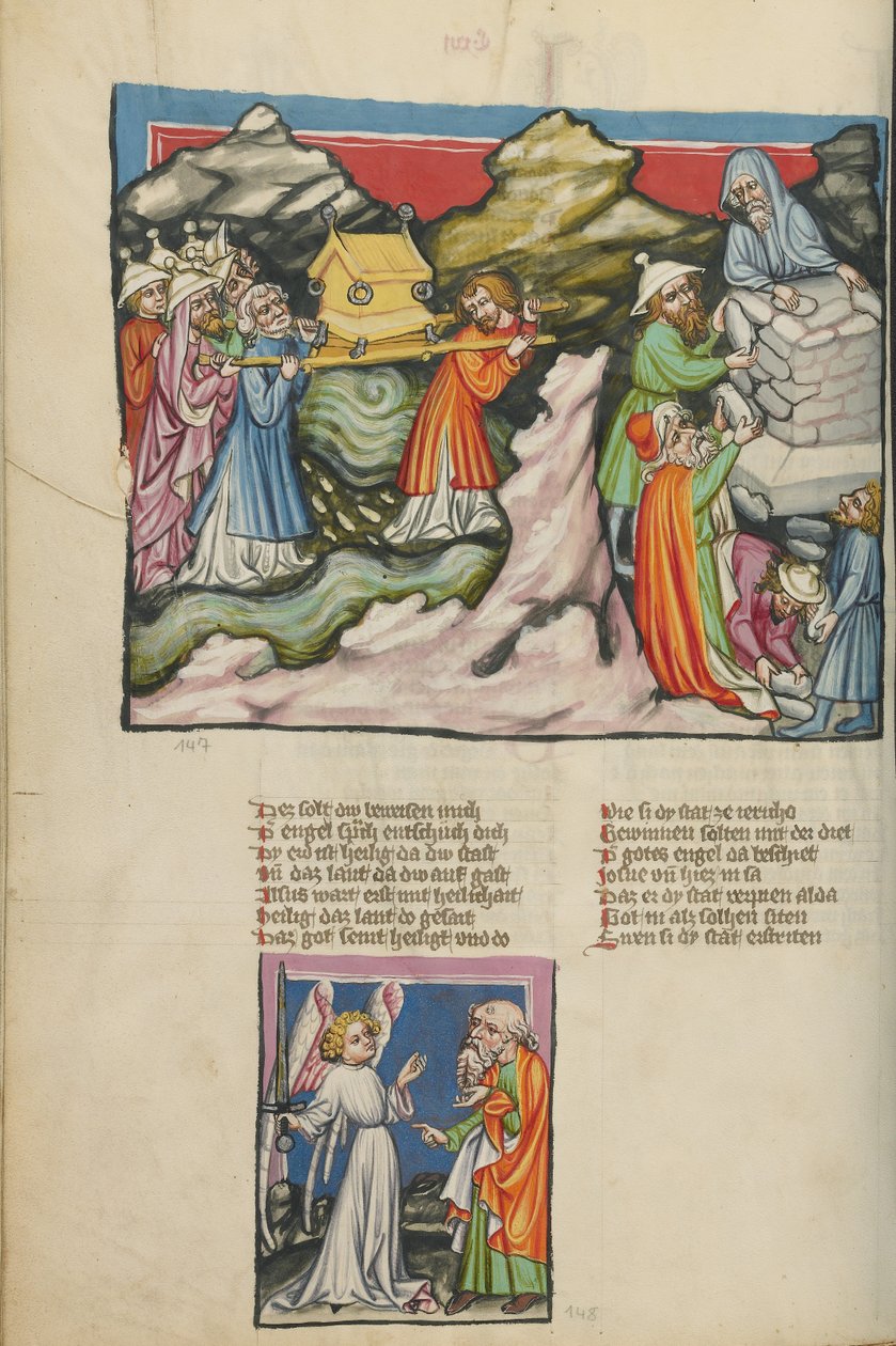 Az izraeliták a szövetség ládájával a Jordán folyóban; A tizenkét emlékkő felállítása; Egy angyal megjelenése Józsuénak. alkotó: Unknown artist