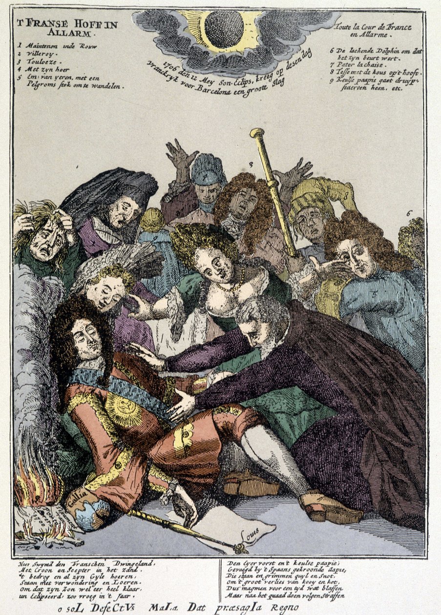 A király elájult, az udvaroncok körülvették, gyászolták: gúny XIV. Lajos hajtókáján Hollandiában és Olaszországban 1706-ban alkotó: Unknown artist