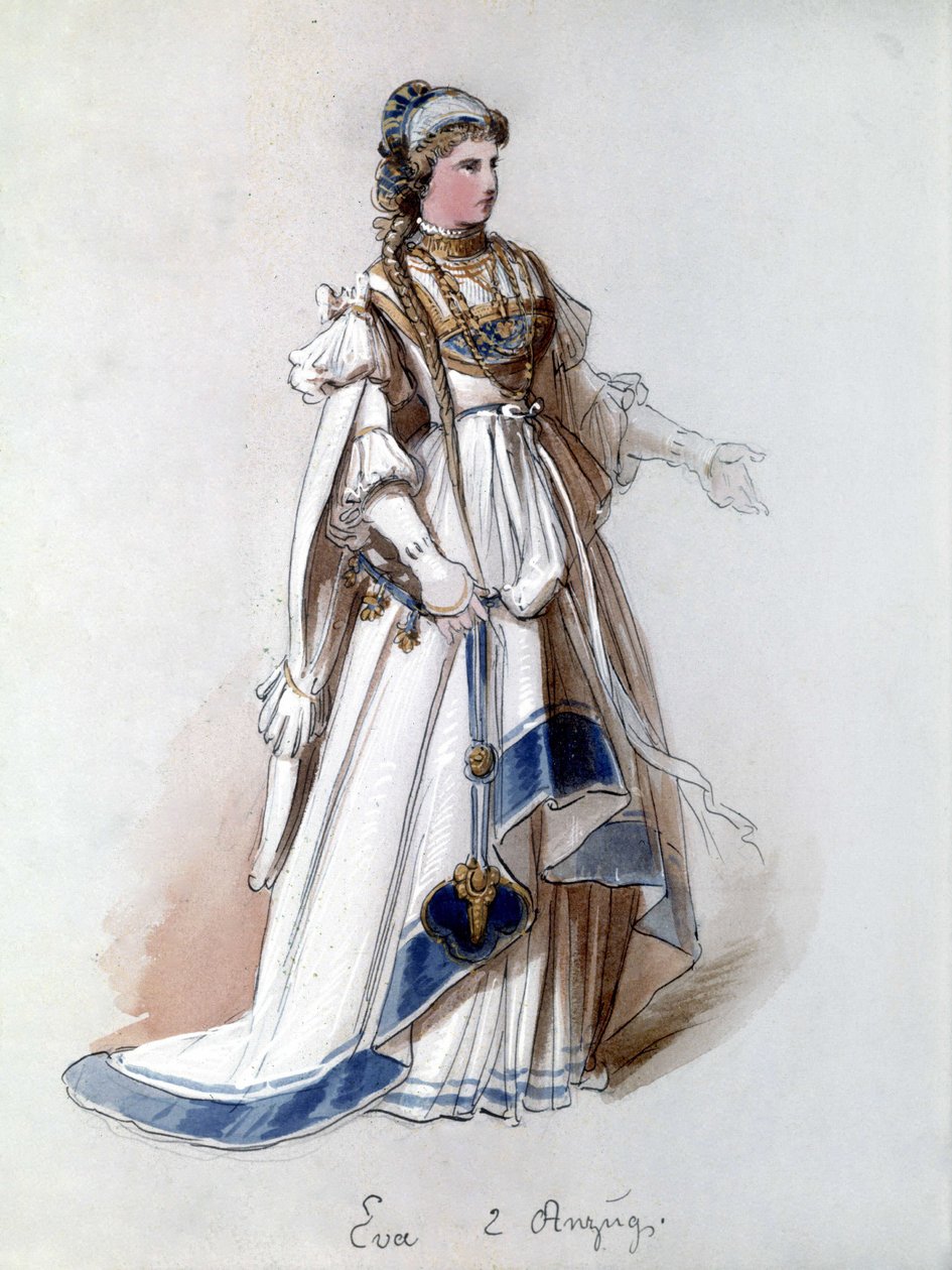 A nürnbergi mesterénekesek (Die Meistersinger von Nürnberg), Richard Wagner által készített opera: Éva jelmeze az első előadásra. Wagner Múzeum, Bayreuth. alkotó: Unknown artist