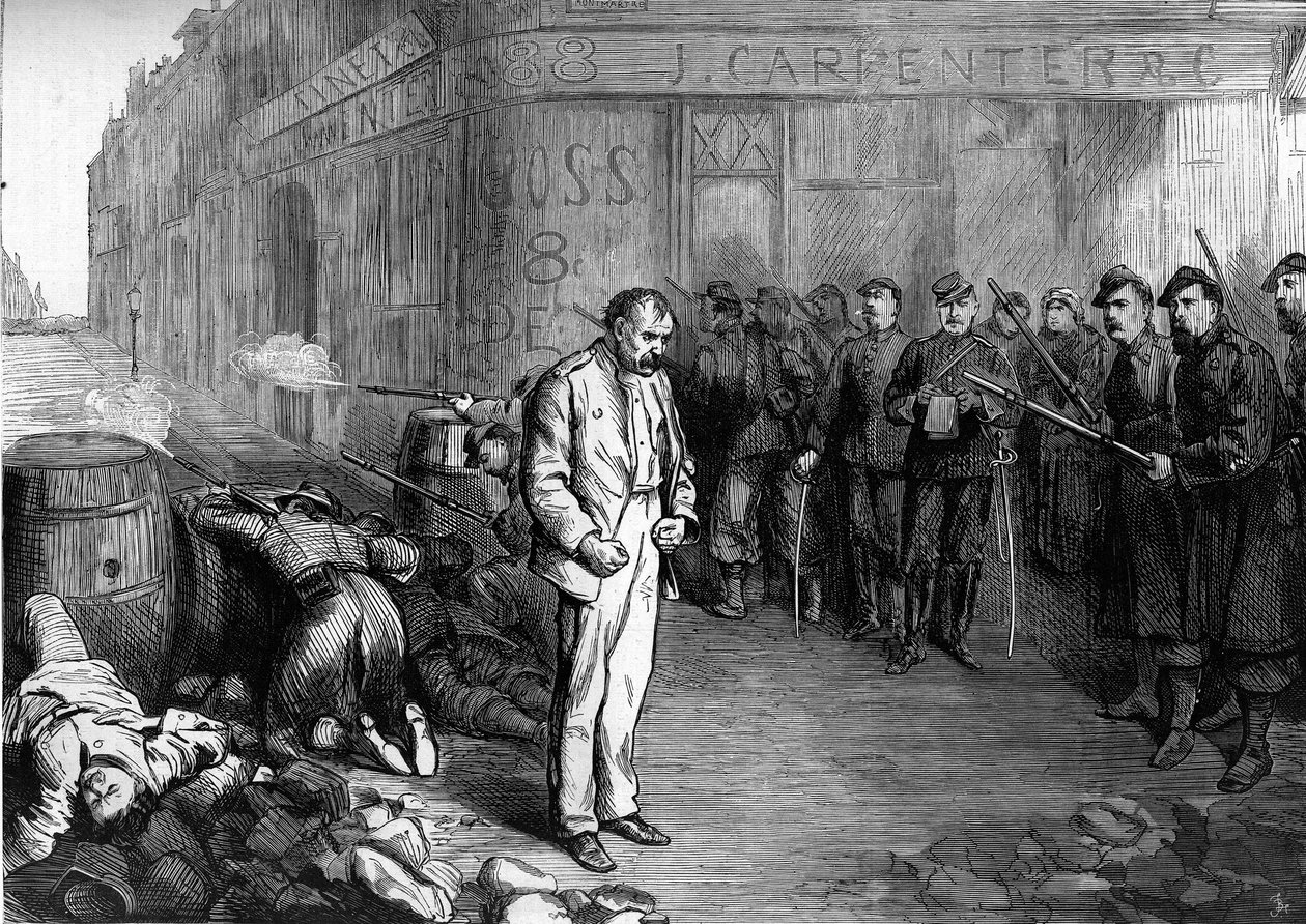 A párizsi kommün 1871-ben. A Montmartre és az Aboukir utca sarkán foglyul ejtett federe (communard) ki van téve egy barikád tüzének, amelyet a szövetségiek emeltek. Társai elhagyták a barikádot, el tudott menekülni, de gyorsan megfutamodott alkotó: Unknown artist