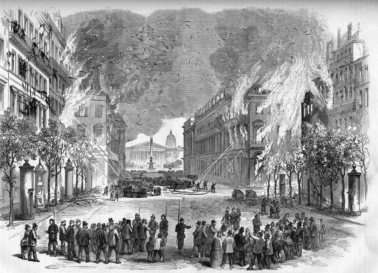 A párizsi kommün 1871-ben. A federes (communards) tüzet gyújtottak a Rue Royale-n a véres héten (május 22-28. alkotó: Unknown artist