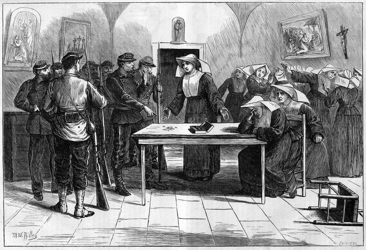 A párizsi kommün 1871-ben. Egy apácák (a szegények kistestvérei) által lakott ház átkutatása a Rue de Sevres-n. A szövetségiek, miután felfedezték az apácák közösségéből származó pénzt, visszateszik a pénzt a dobozba, és visszaküldik alkotó: Unknown artist