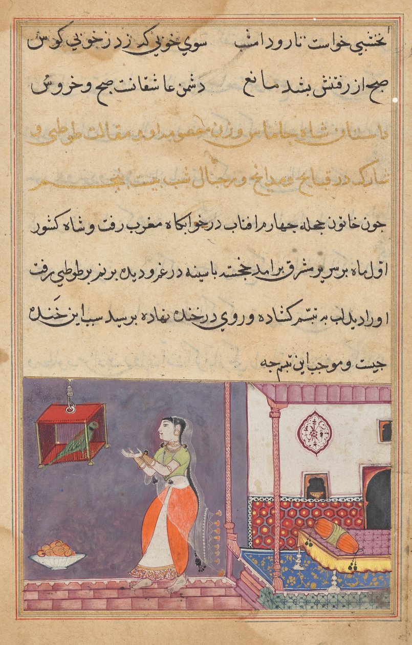 A papagáj megszólítja Khujastát a huszonötödik éjszaka elején, egy Tuti-namából (Egy papagáj meséi) alkotó: Unknown artist