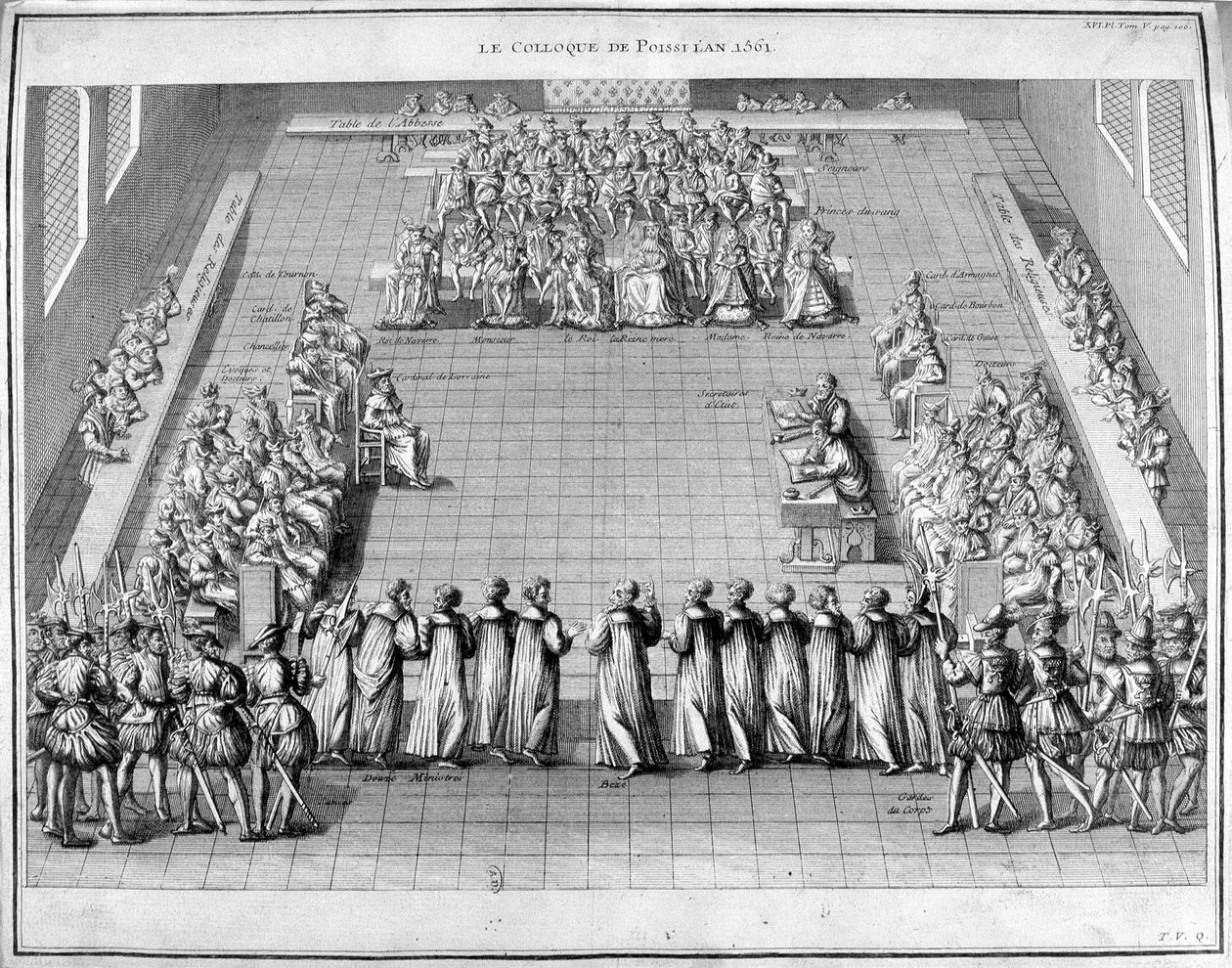 A Poissi kollokvium (Poissy) 1561-ben. Középen IX. Károly francia király (1550-1574) és Medicis Katalin anyakirálynő (Caterina de Medici) (1519-1589). alkotó: Unknown artist