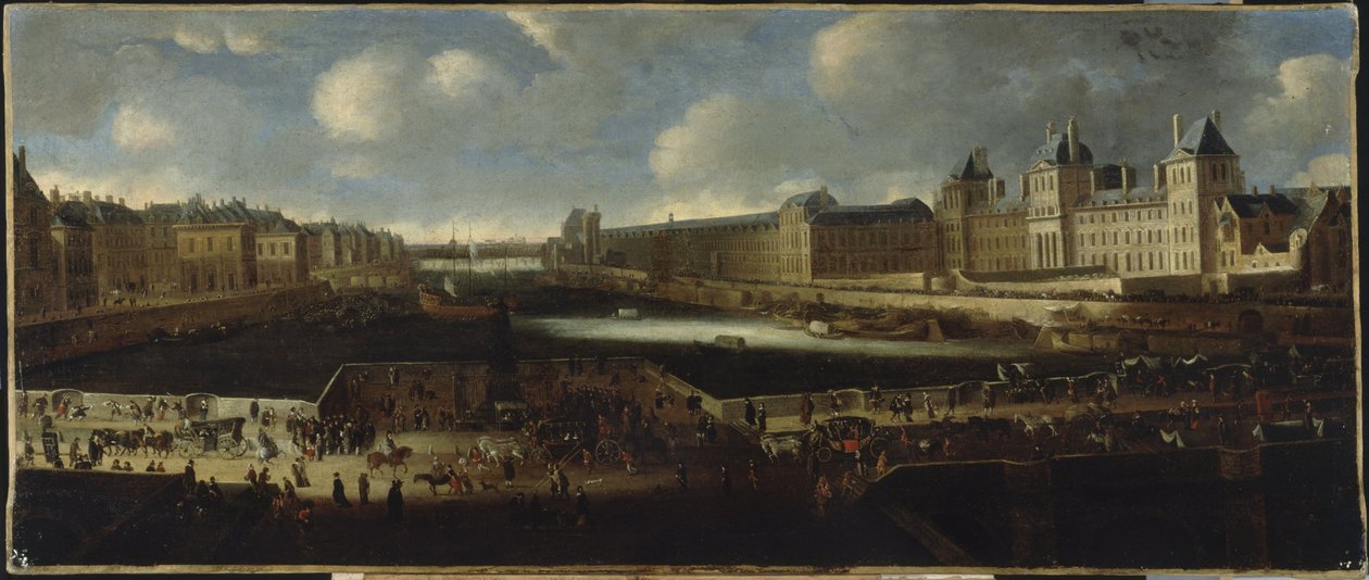 A Pont-Neuf, a Place Dauphine bejárata felől nézve, a Quai Malaquais az épülő Collège des Quatre-Nations, a Grande Galerie és a Louvre, 1665 körül, 1660 és 1670 között (olaj, vászon). alkotó: Unknown artist