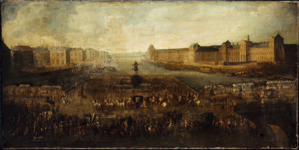 A Pont-Neuf, a Place Dauphine bejárata felől nézve, a Quai Malaquais a Collège des Quatres-Nations, a Grande Galerie és a Louvre, 1665 körül. alkotó: Unknown artist