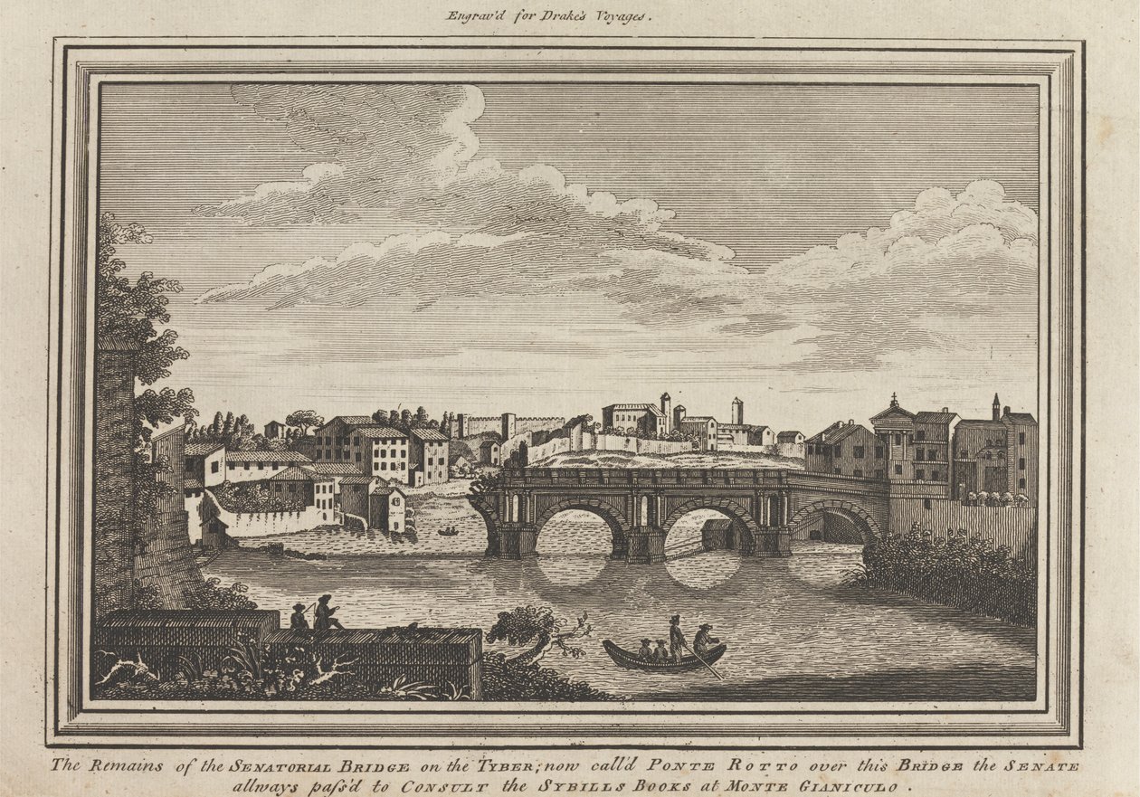 A szenátori híd maradványai a Tyberen; most Ponte Rottonak hívják ezen a hídon, a Szenátus minden módon átment a Monte Gianiculo-i Sybills Books-hoz alkotó: Unknown artist