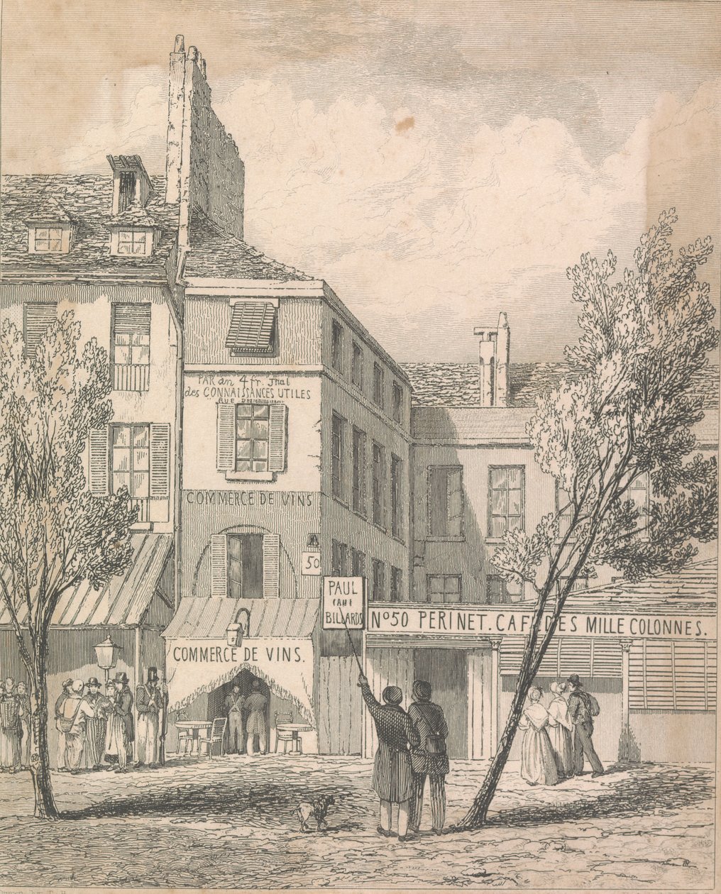 Jeschi rezidenciája a Boulevard du Temple-ben, a helyszínen készült rajz alapján. A redőnnyel letakart ablak az, ahonnan a halálos motor [Dissil?]; 2. oldal (2. kötet) alkotó: Unknown artist