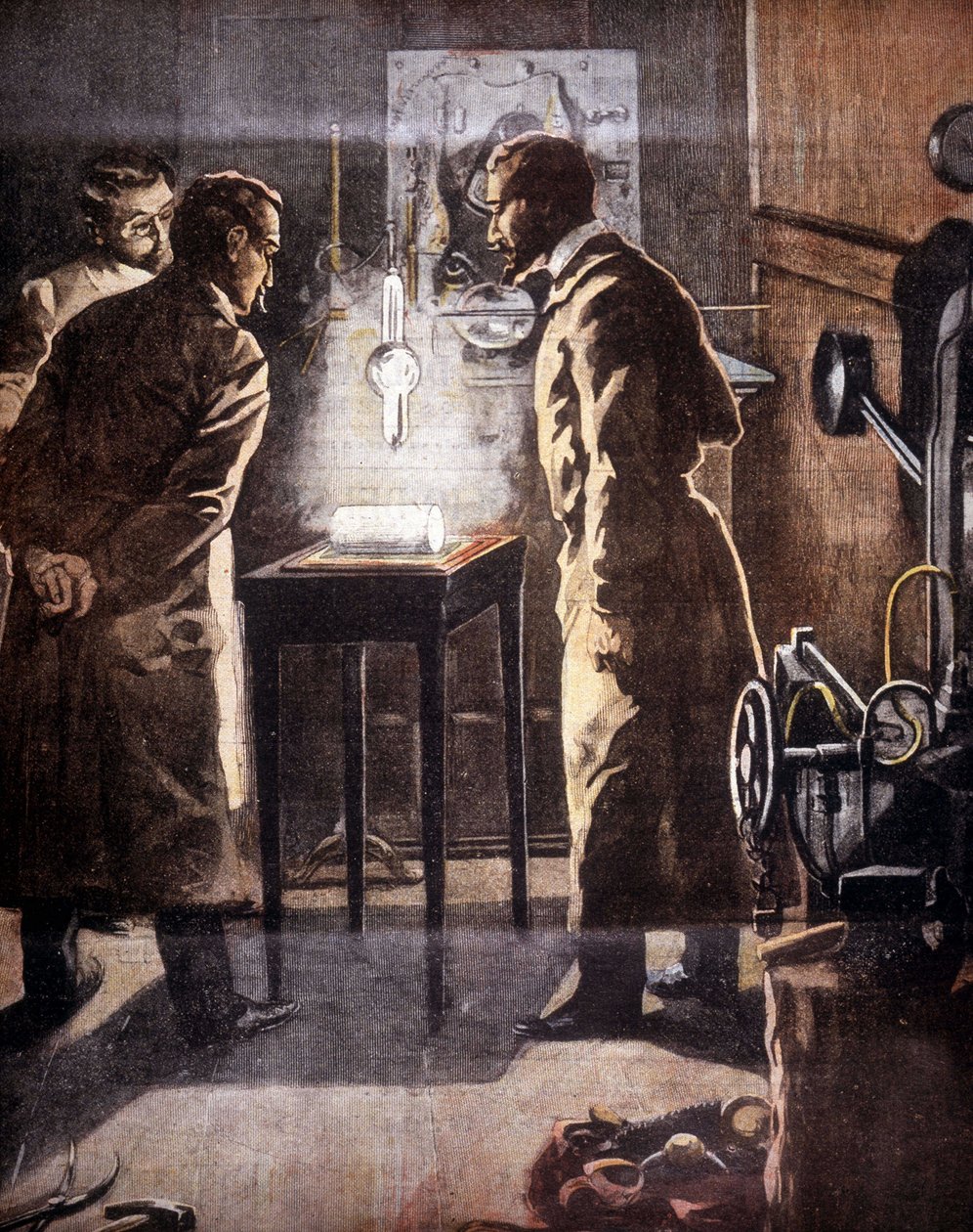 A Röntgen (Rontgen) vagy röntgensugarak. 1895-ben fedezték fel. A kísérletet bemutató illusztráció. alkotó: Unknown artist