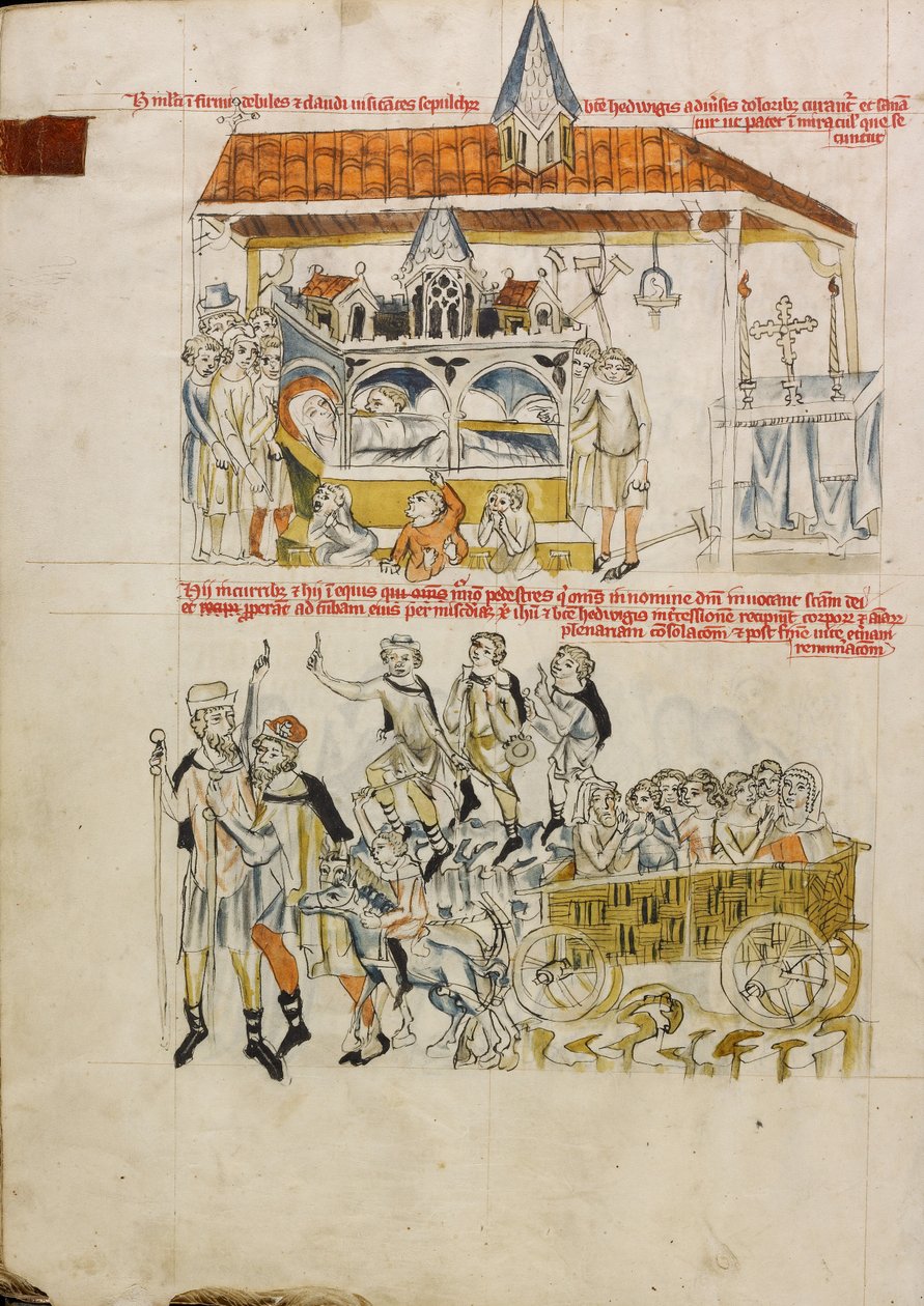 Betegek, leprások és bénák imádkoznak Szent Hedvig sírjánál; emberek jönnek Szent Hedvig sírját meglátogatni. alkotó: Unknown artist