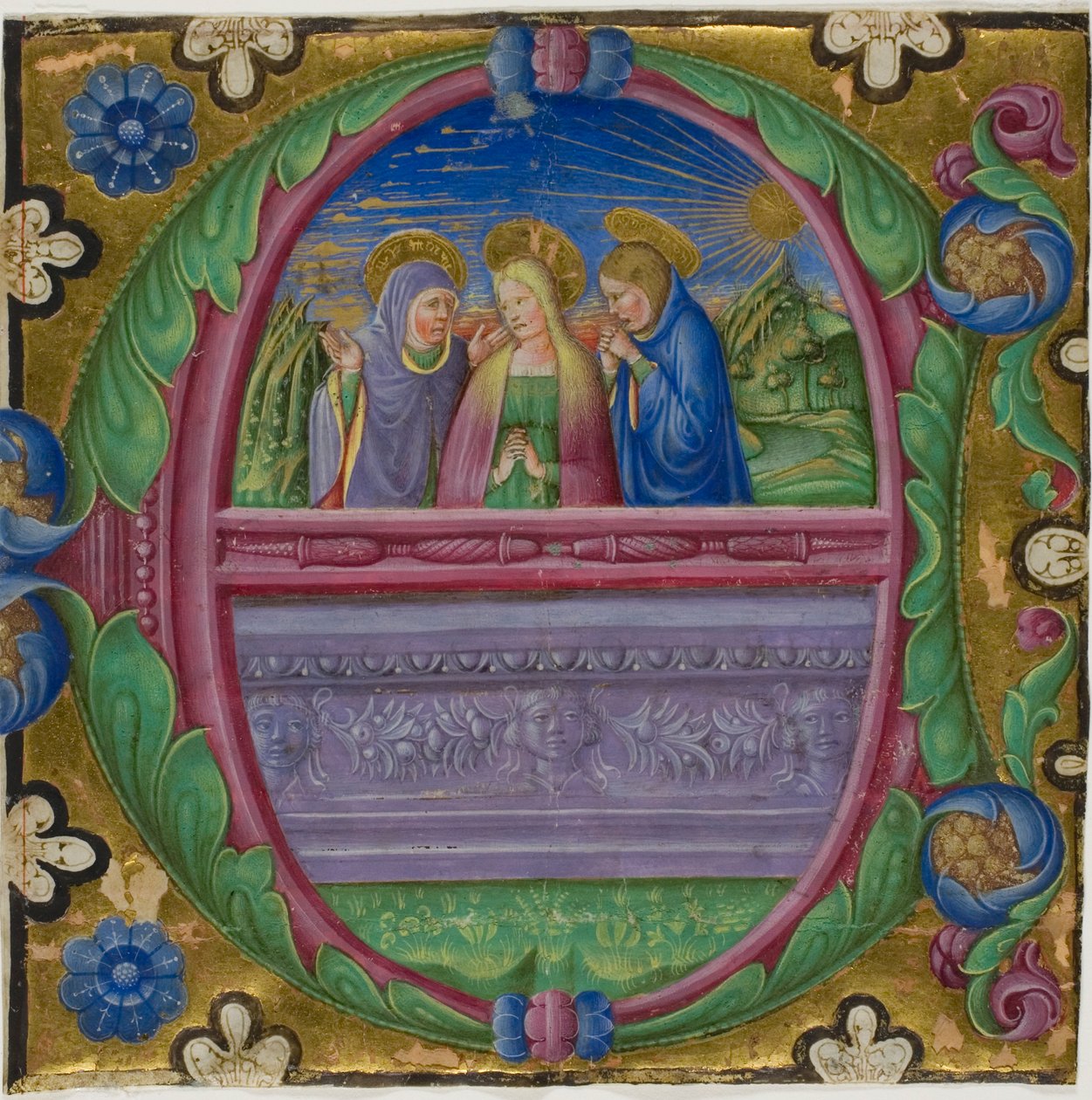 A Három Mária a sírnál egy kóruskönyvből származó históriás "E" kezdetű kóruskönyvben alkotó: Unknown artist