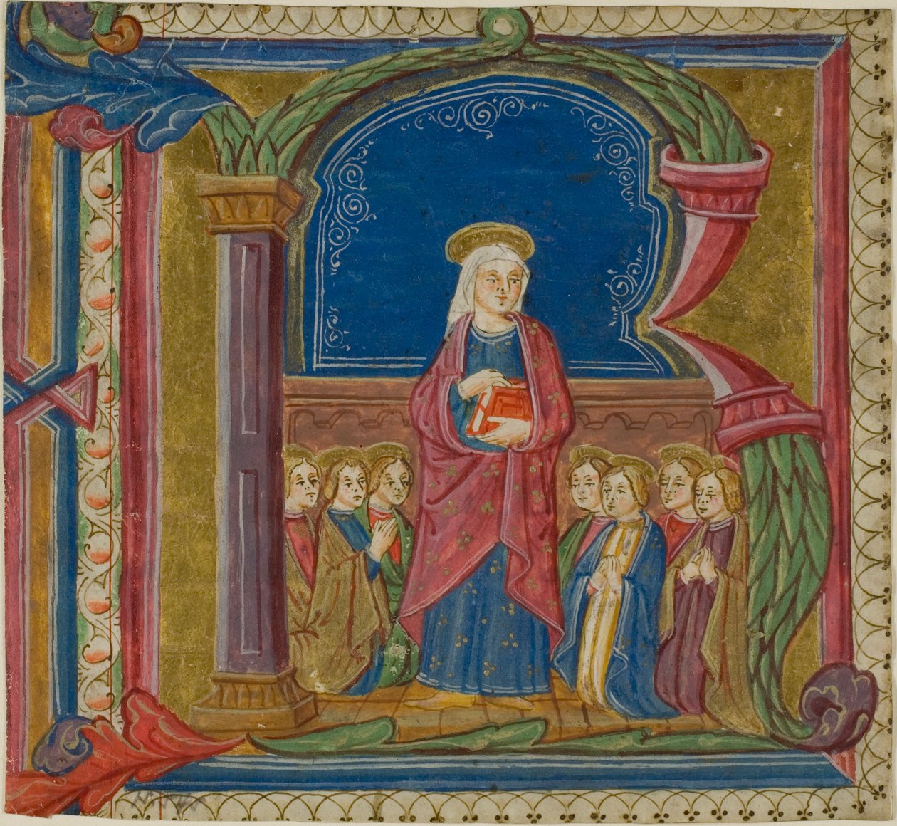 A szentek által imádott Szűz egy történeti "R" kezdetű antifónában alkotó: Unknown artist