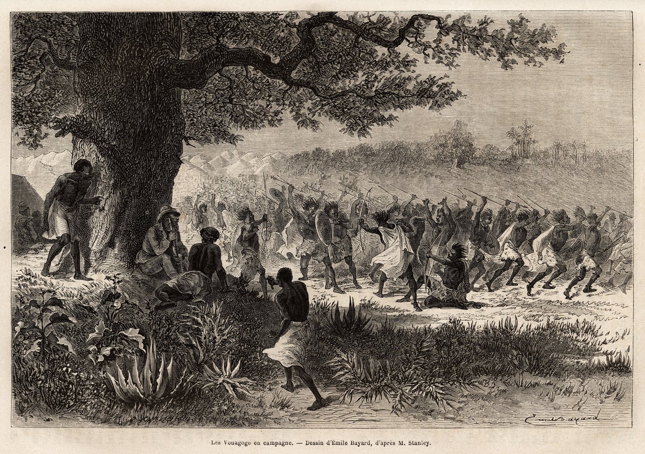A Vouagogo (tanzániai törzs) a háborúra készülve, a fa alatt, a történet szerzője, Henry Morton Stanley (1841-1904). Metszet a közép-afrikai Livingstone-t kereső utazás illusztrálására Henry Stanleytől, a New-Y tudósítójától alkotó: Unknown artist