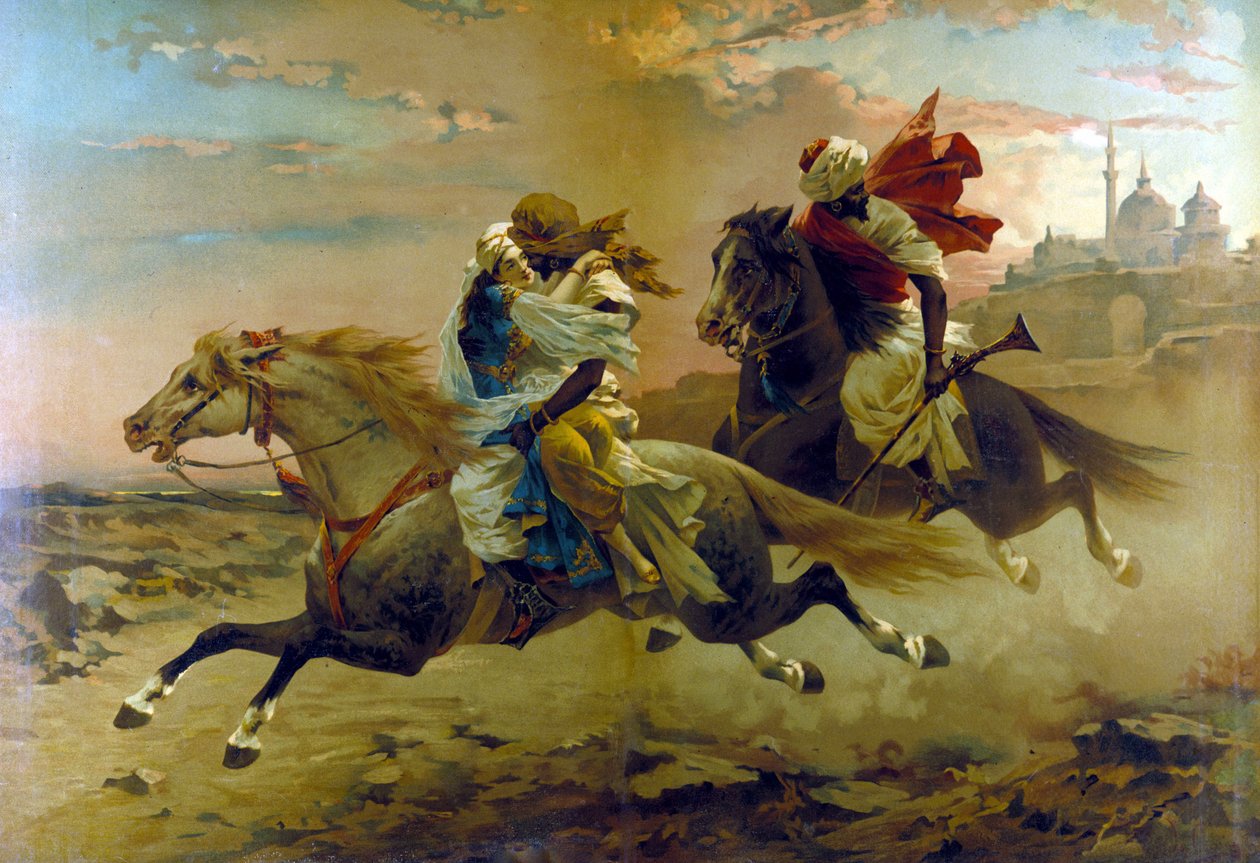 A hárem elrablása: két mór lovas elrabol egy fiatal nőt. alkotó: Unknown artist