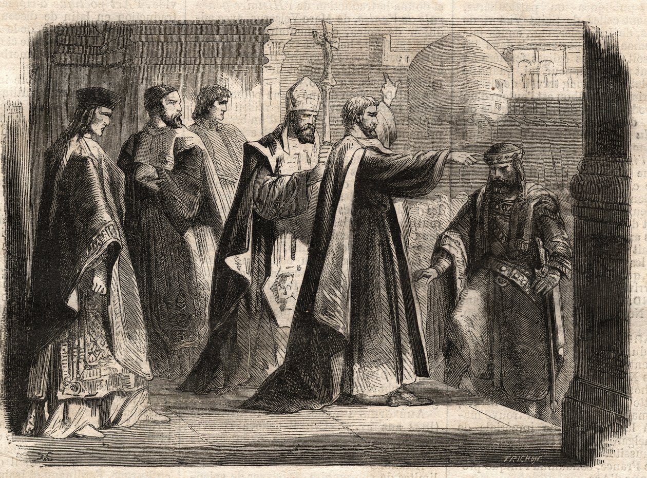 Milánói Szent Ambrosius érsek (Aurelius Ambrosius, Ambrogio di Milano (340-397) megtiltotta a templomba való belépést I. Theodosius (Flavius Theodosius) (347-395) római császárnak, hogy megbüntesse a 390-ben elkövetett thesszaloniki mészárlásért - Excommun alkotó: Unknown artist