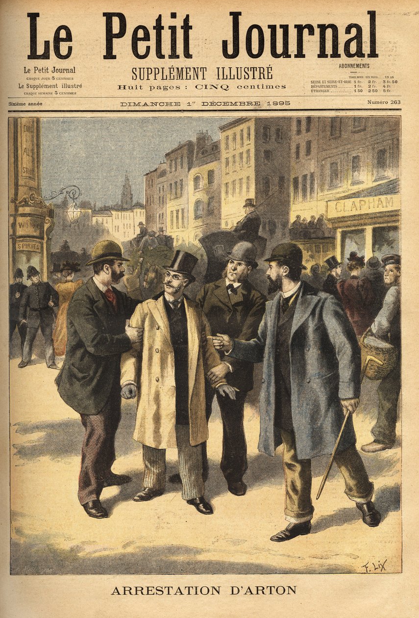 Emile Arton (1859-1905), korrupt bróker letartóztatása a több éve szökésben lévő panamai botrányügyben. Metszet a „” Le petit journal”-ban 1895.01.12. Selva gyűjteménye. alkotó: Unknown artist