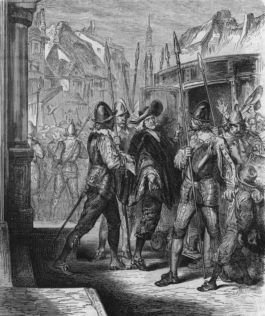 Pierre Brousel (1575 - 1654) 1648-ban történt letartóztatása Ausztriai Anna parancsára, ami az emberek (barikádok napjai) és a Fronde megkönnyebbülését váltotta ki. Metszet 1866-ból. alkotó: Unknown artist