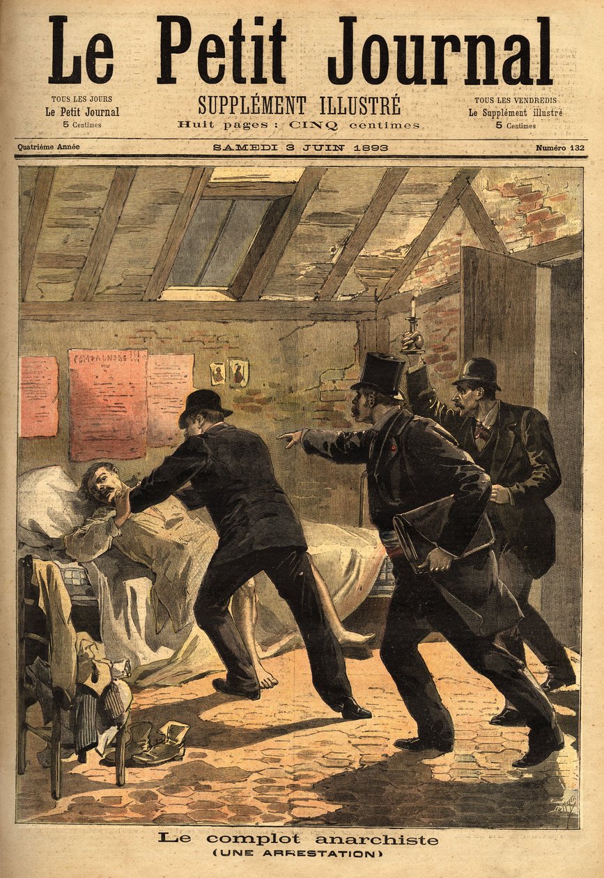 Egy anarchista letartóztatása Párizsban, összeesküvés eleme és dinamit-ládák. Metszet a „” Le petit journal”-ban 1893.06.03. Selva gyűjteménye. alkotó: Unknown artist