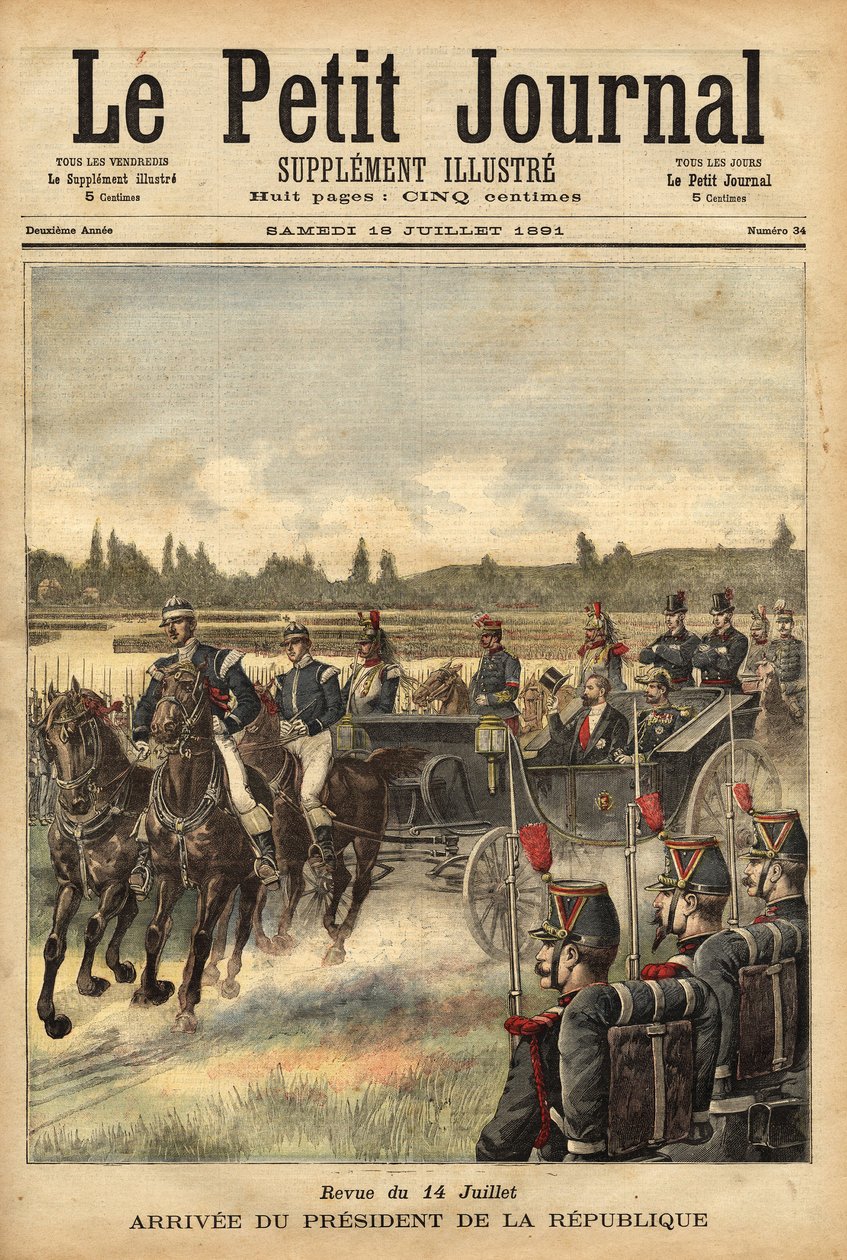 A francia köztársasági elnök, Sadi Carnot (1837-1894) érkezése a Bois de Boulogne-i síkságra a július 14-i folyóirat alkalmából. alkotó: Unknown artist