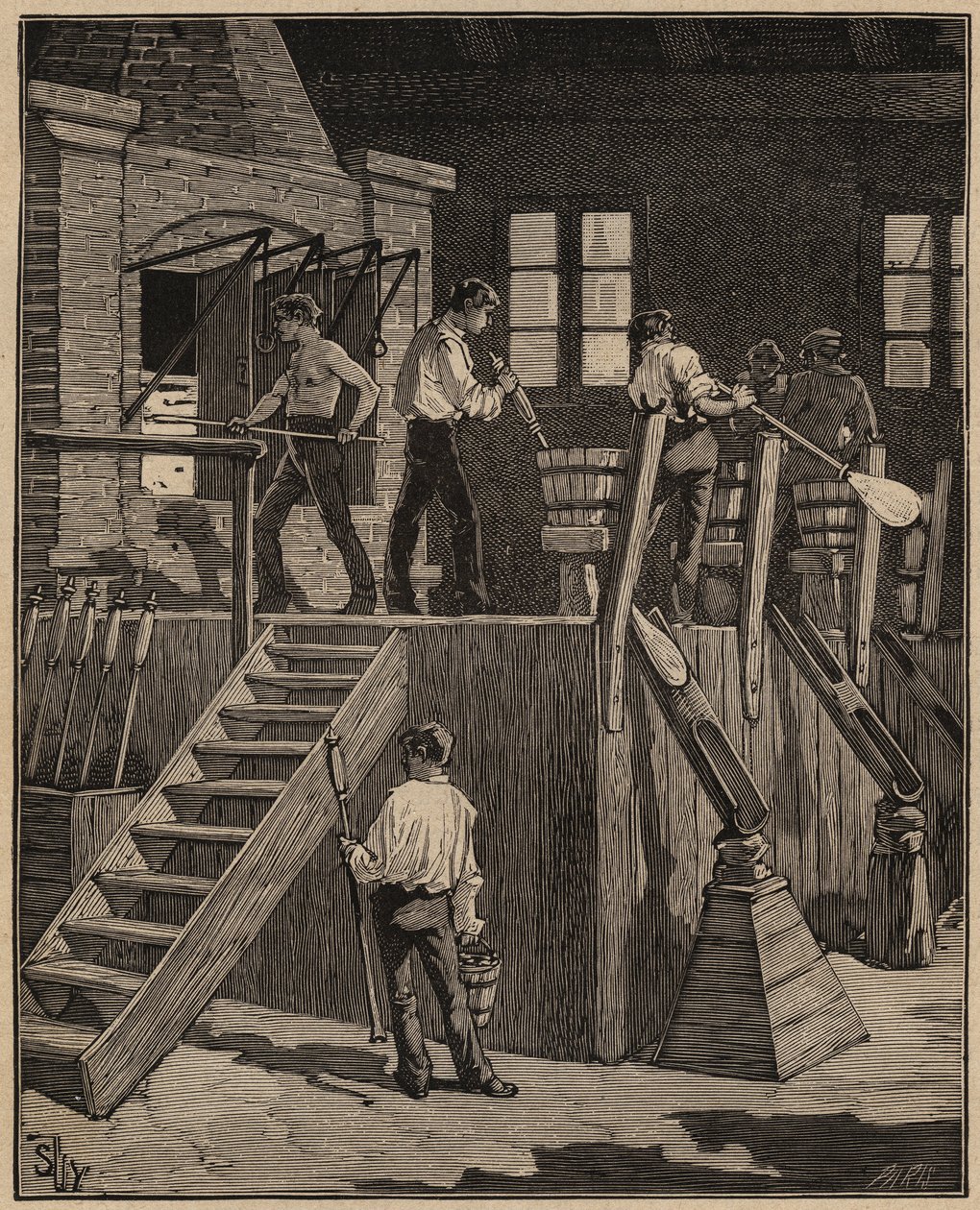 Az üveg művészete: üvegmunkások francia módszerrel üveget gyártanak. Metszet 1885-ből Adolphe BITARD „” Les arts et metiers illustres” című könyvébe. alkotó: Unknown artist
