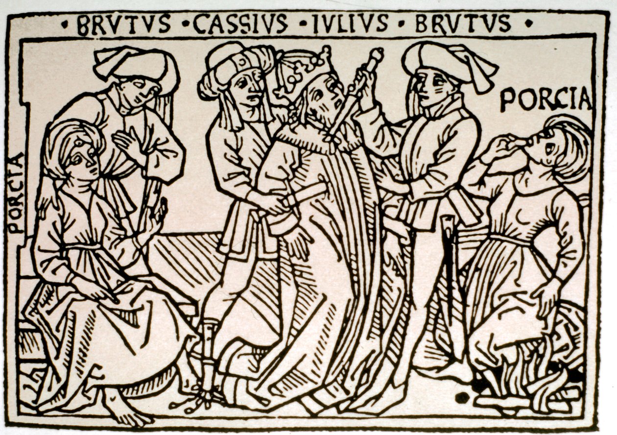 Jules Cesar (Kr. e. 100-44) meggyilkolása: Brutus és Cassius leszúrja, míg Porcie, Brutus felesége eltűnik. századi Róma xilográfiája, Biblioteca Vallicelliana ©Luisa Ricciarini/Leemage alkotó: Unknown artist