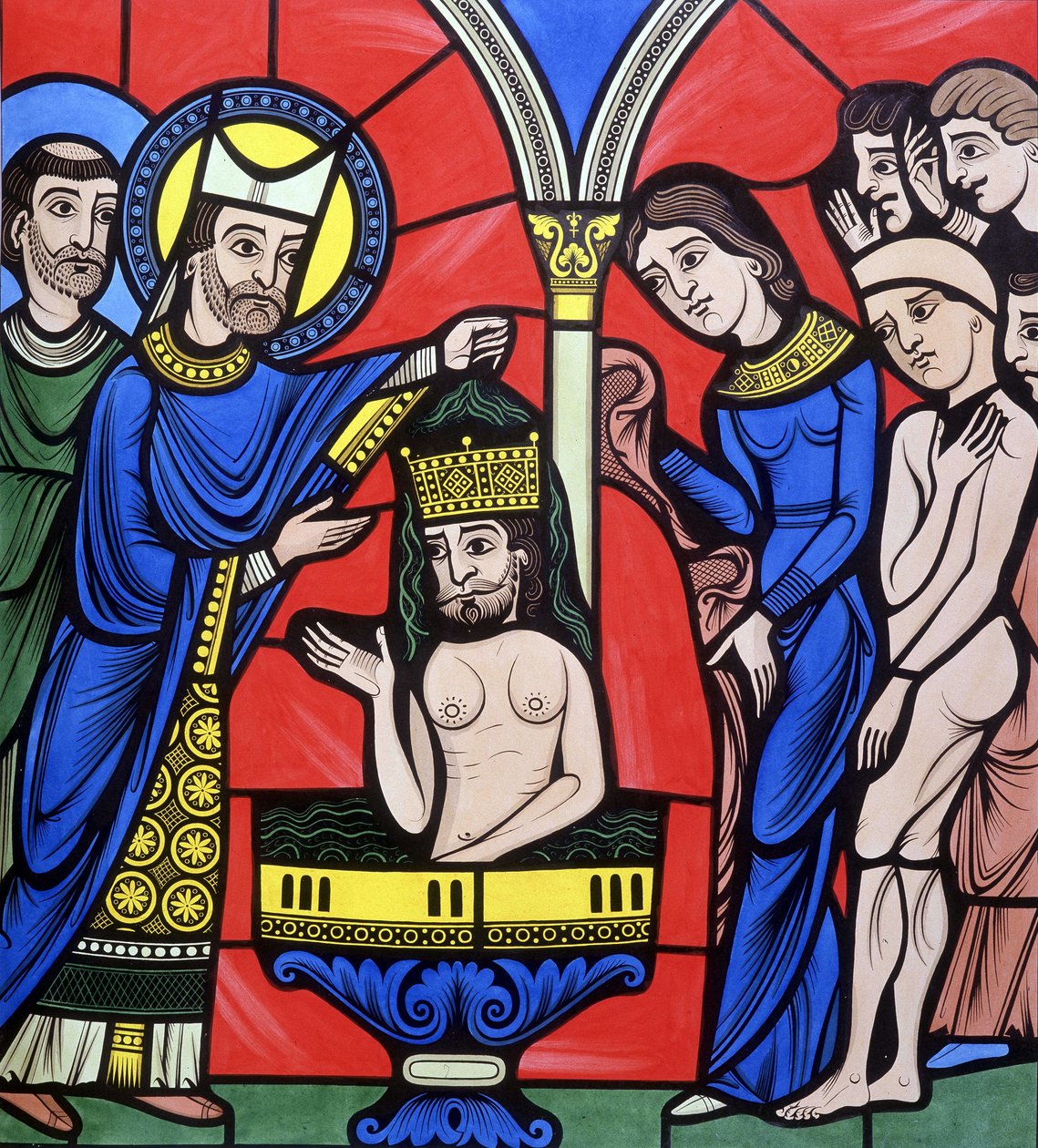 Krisztus keresztsége. A főiskola hasonló a Le Mans-i katedrális ólomüveg ablakához. 19. századi nyomkövetés. alkotó: Unknown artist